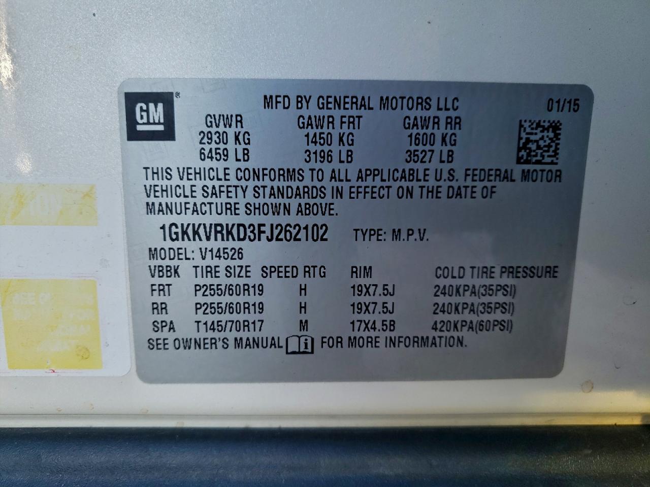 2015 GMC Acadia Slt-1 VIN: 1GKKVRKD3FJ262102 Lot: 93124905