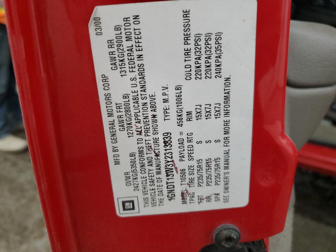 2000 Chevrolet Blazer VIN: 1GNDT13W3Y2313839 Lot: 92610125