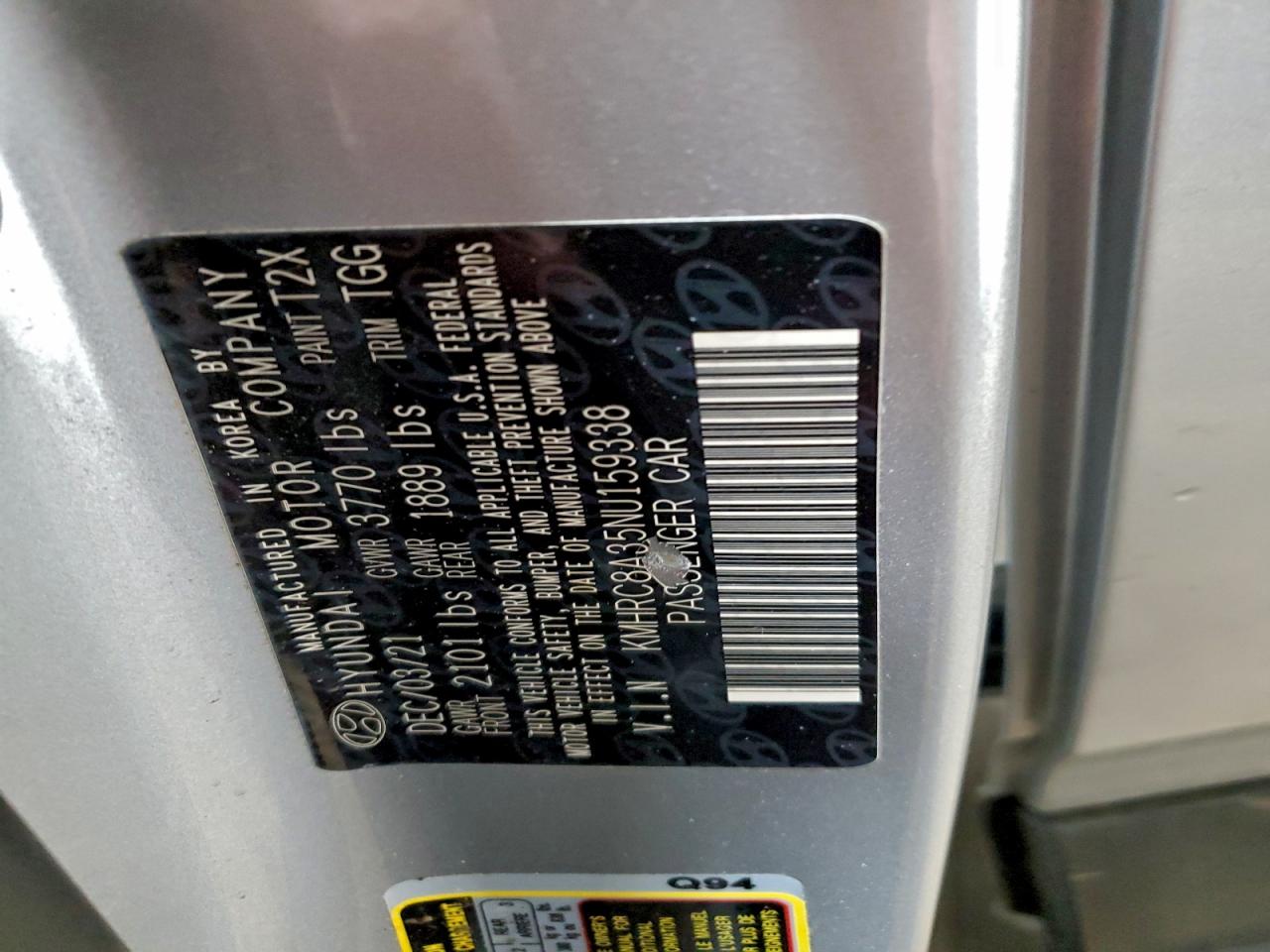 2022 Hyundai Venue Sel VIN: KMHRC8A35NU159338 Lot: 94093555