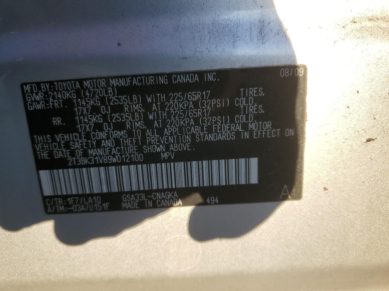 2009 Toyota Rav4 Limited VIN: 2T3BK31V89W012100 Lot: 91244575