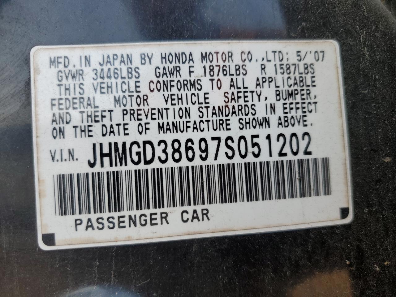 2007 Honda Fit S VIN: JHMGD38697S051202 Lot: 92993185