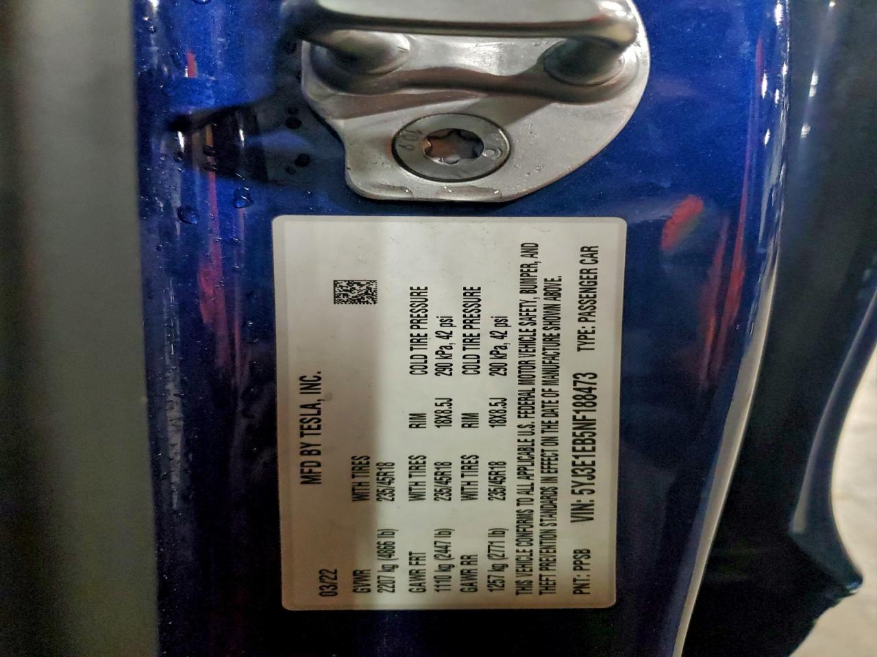 2022 Tesla Model 3 VIN: 5YJ3E1EB5NF188473 Lot: 93765685