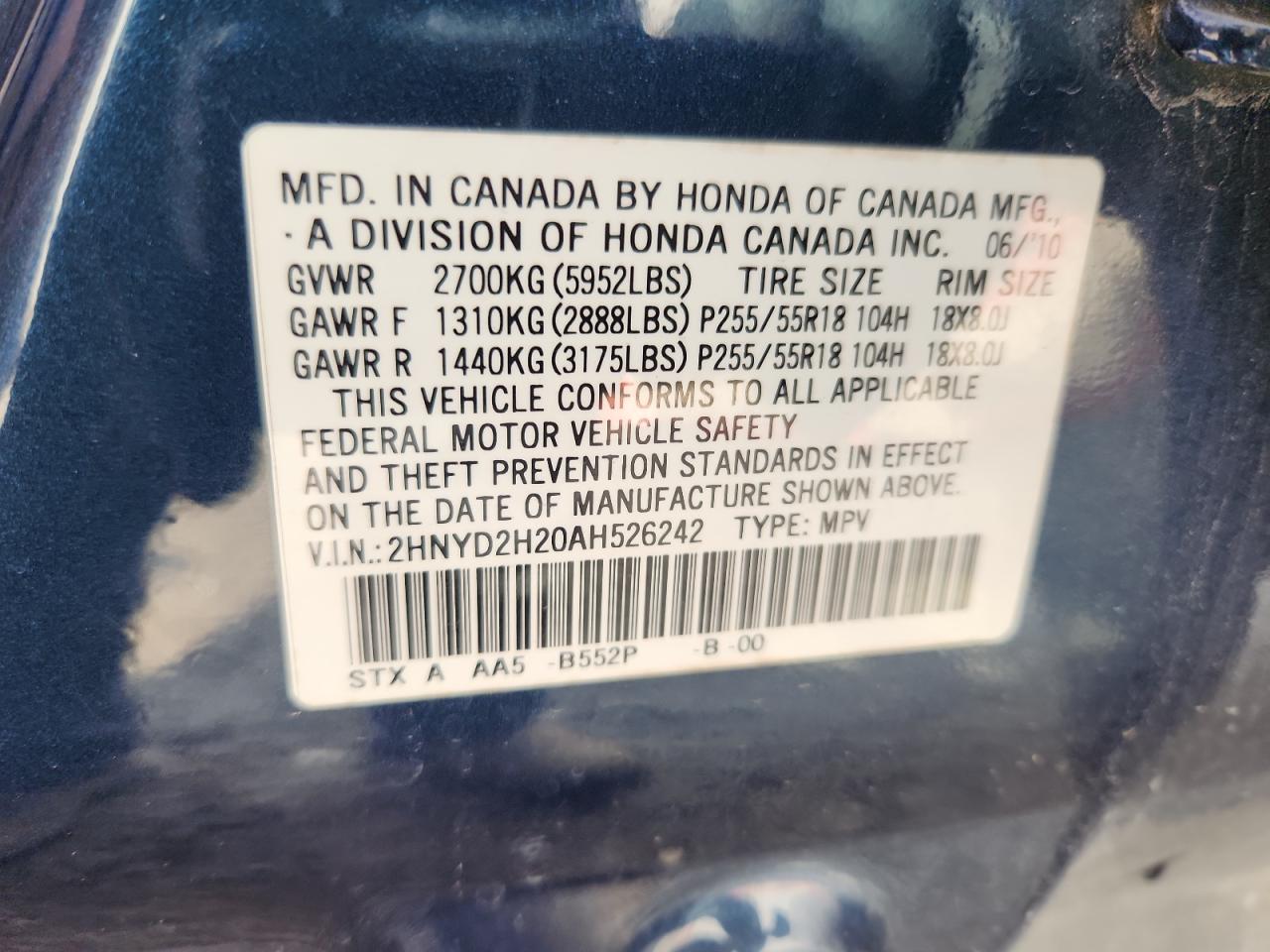 2010 Acura Mdx VIN: 2HNYD2H20AH526242 Lot: 91871435