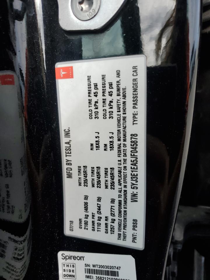 2018 Tesla Model 3 VIN: 5YJ3E1EA5JF045878 Lot: 92637545