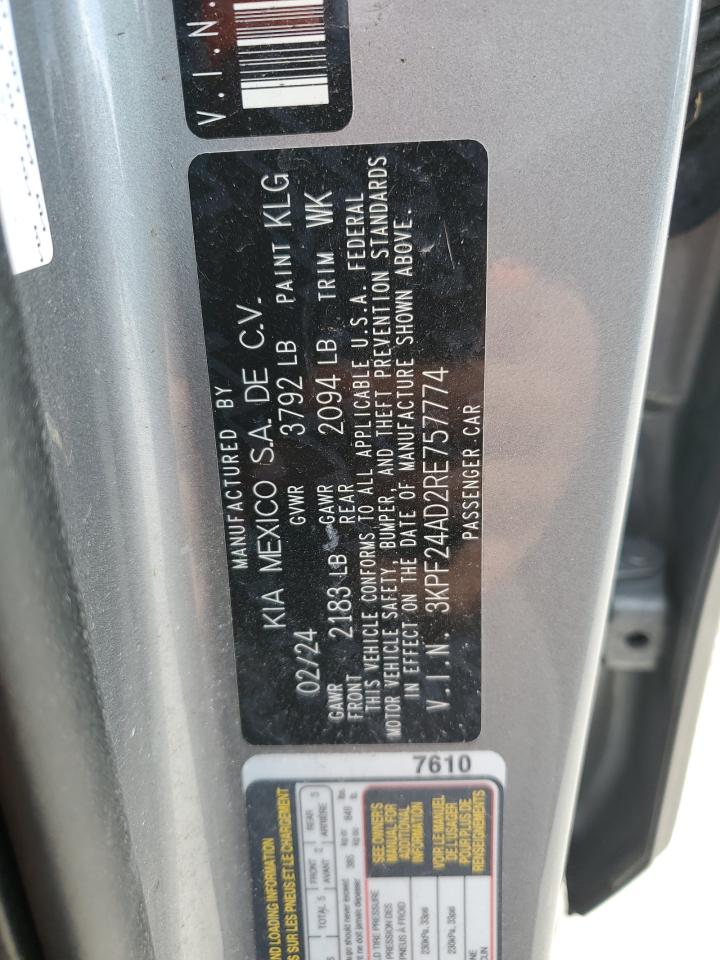 2024 Kia Forte Lx VIN: 3KPF24AD2RE757774 Lot: 91148795