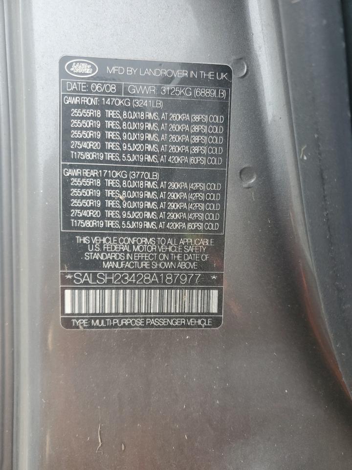 2008 Land Rover Range Rover Sport Supercharged VIN: SALSH23428A187977 Lot: 93851235