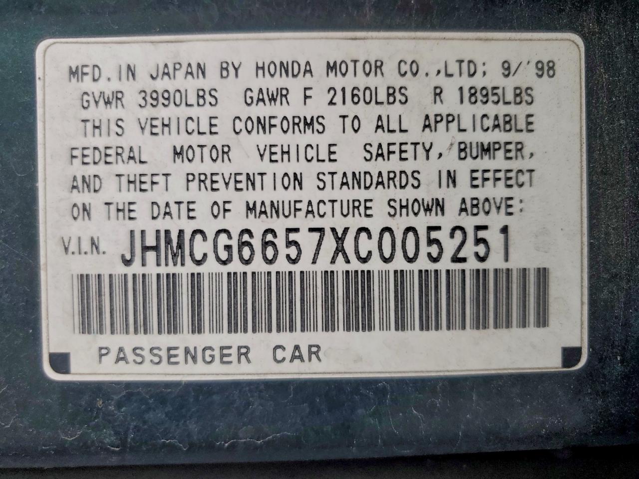 1999 Honda Accord Lx VIN: JHMCG6657XC005251 Lot: 94282035