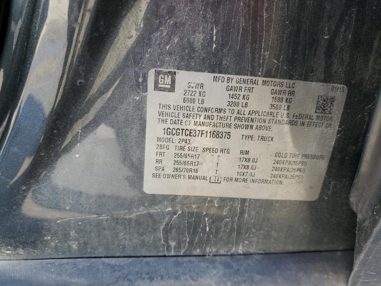 2015 Chevrolet Colorado Z71 VIN: 1GCGTCE37F1168375 Lot: 93054975