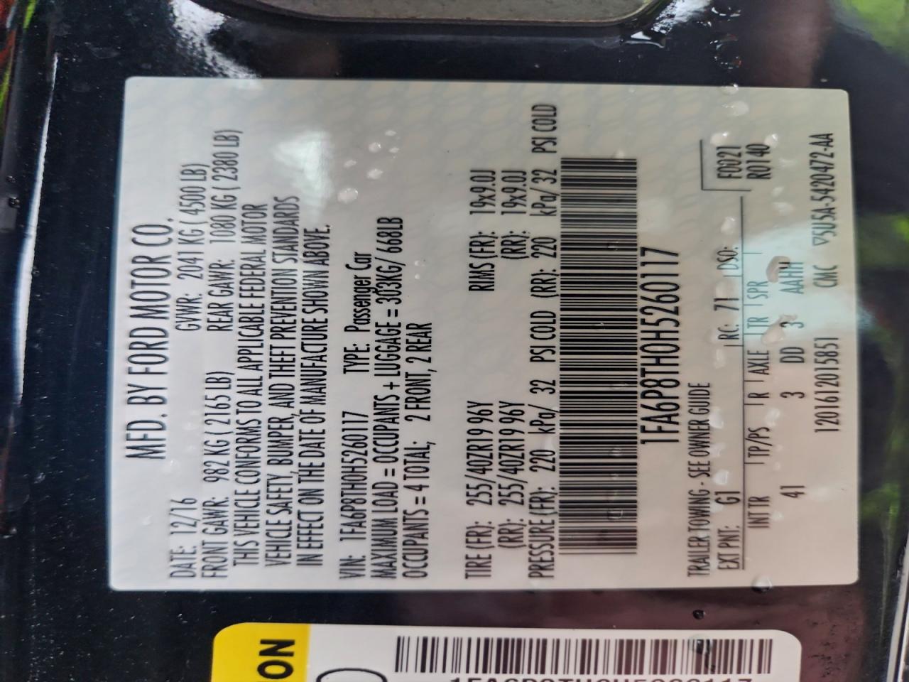 2017 Ford Mustang VIN: 1FA6P8TH0H5260117 Lot: 93639525