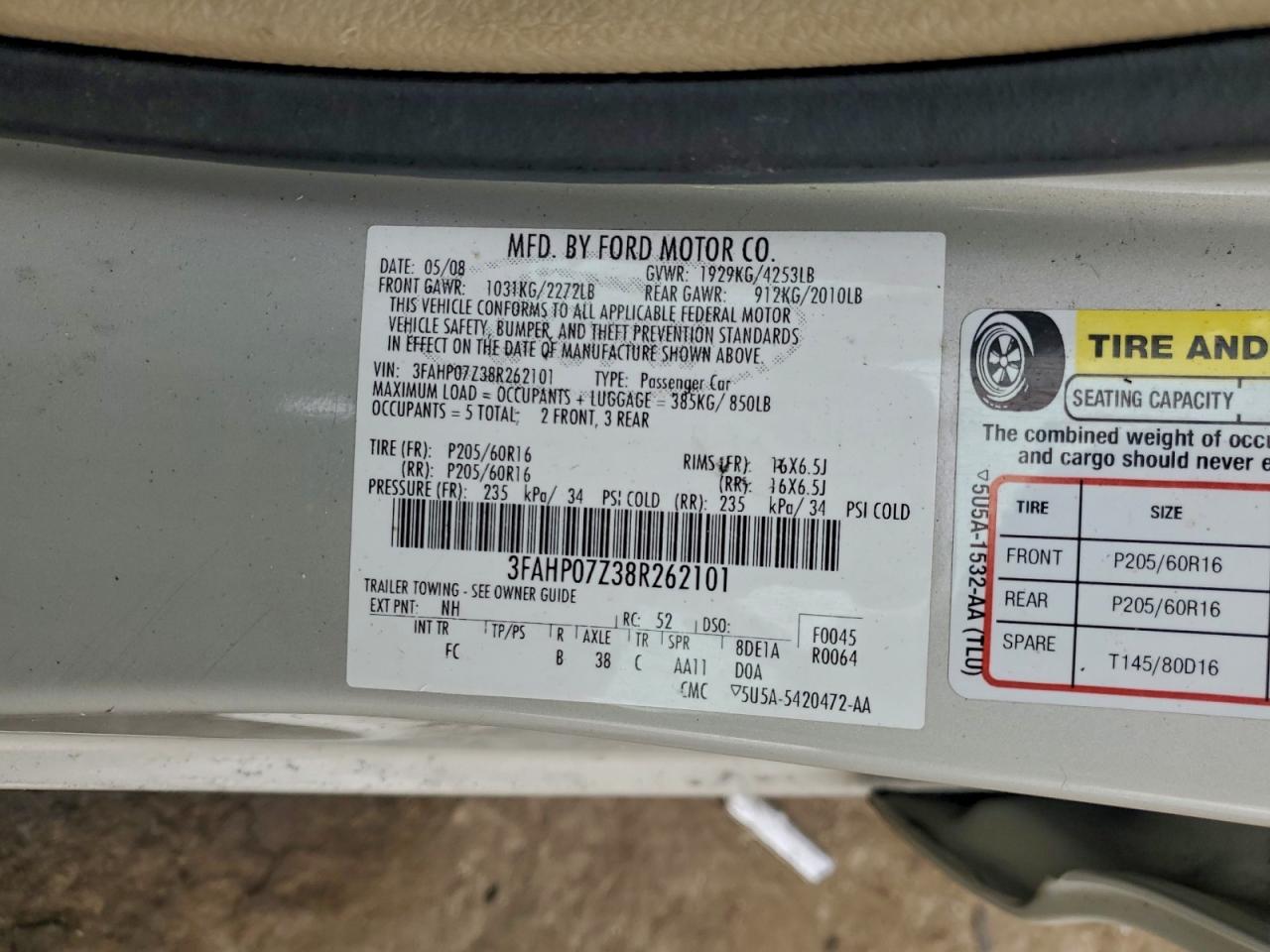 2008 Ford Fusion Se VIN: 3FAHP07Z38R262101 Lot: 93450475