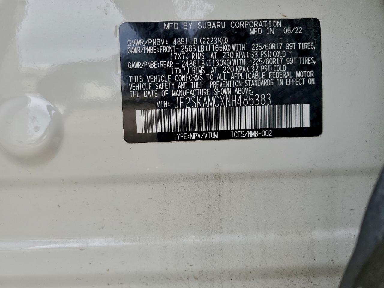 2022 Subaru Forester Wilderness VIN: JF2SKAMCXNH485383 Lot: 93927245