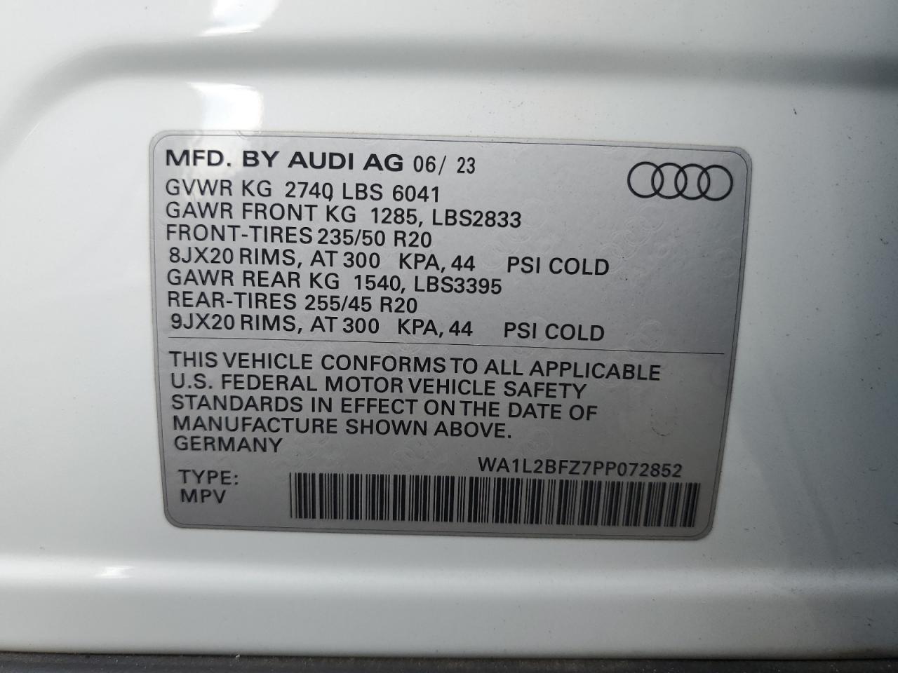2023 Audi Q4 E-Tron Premium Plus VIN: WA1L2BFZ7PP072852 Lot: 91675415