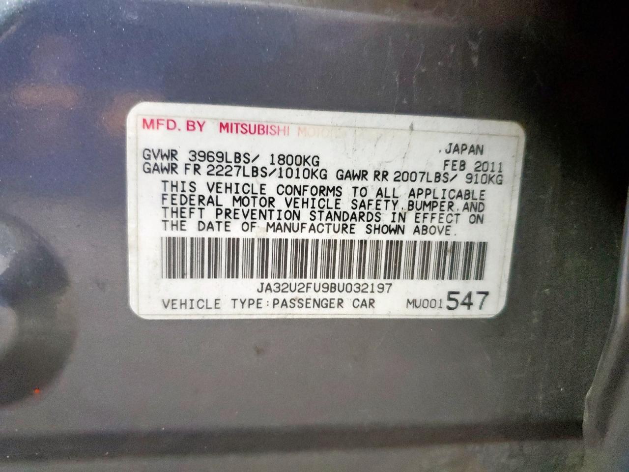 2011 Mitsubishi Lancer Es/Es Sport VIN: JA32U2FU9BU032197 Lot: 92749545