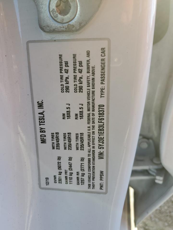 2020 Tesla Model 3 VIN: 5YJ3E1EB3LF618370 Lot: 89463135