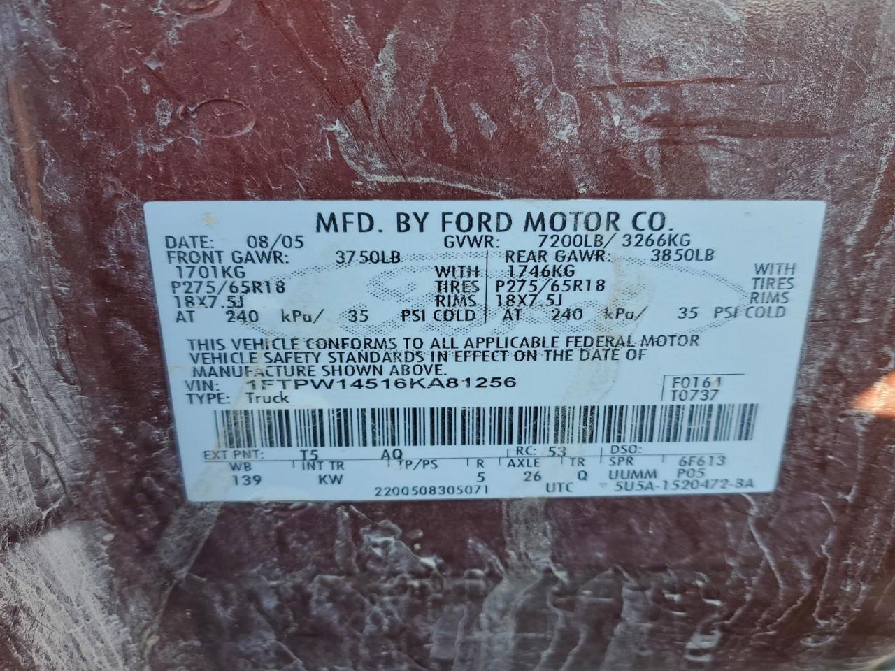 2006 Ford F150 Supercrew VIN: 1FTPW14516KA81256 Lot: 94337195