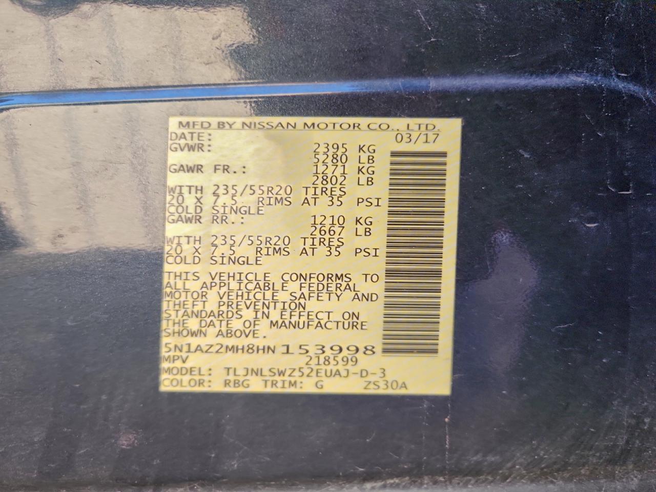 2017 Nissan Murano S VIN: 5N1AZ2MH8HN153998 Lot: 94323065