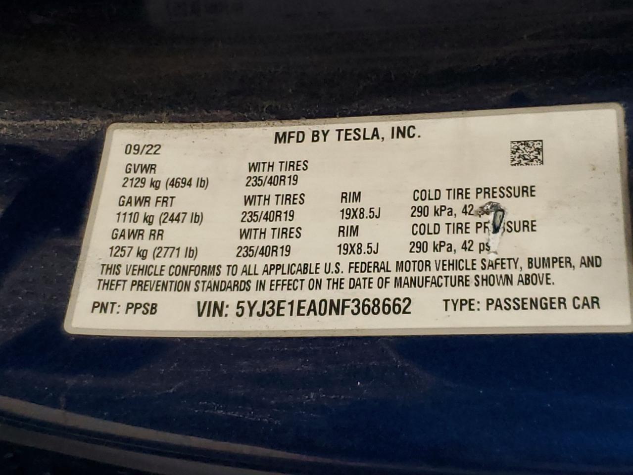 2022 Tesla Model 3 VIN: 5YJ3E1EA0NF368662 Lot: 93192755