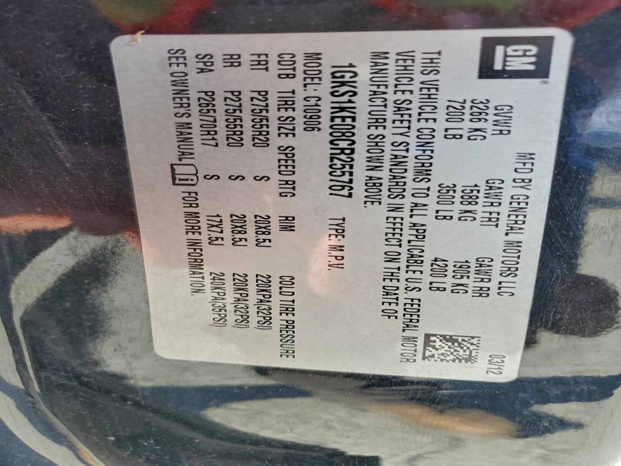 2012 GMC Yukon Xl C1500 Slt VIN: 1GKS1KE08CR255767 Lot: 93705115