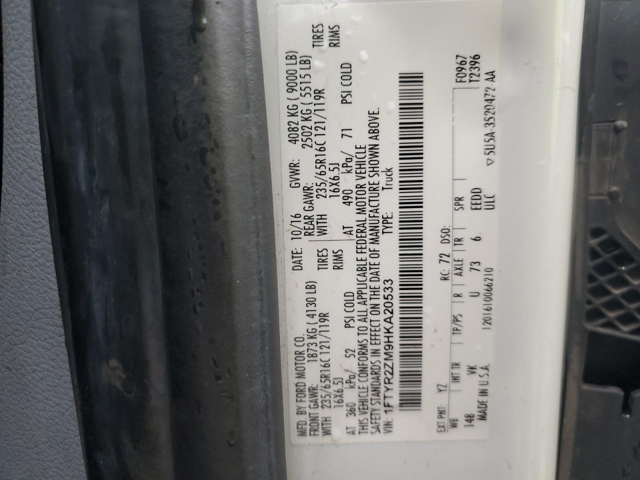 2017 Ford Transit 250 Delivery Van VIN: 1FTYR2ZM9HKA20533 Lot: 91781385