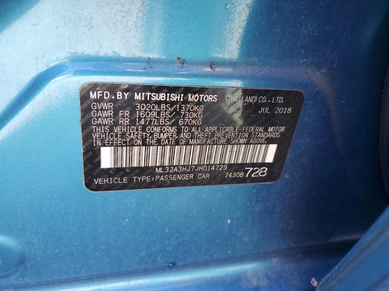 2018 Mitsubishi Mirage Es VIN: ML32A3HJ7JH014729 Lot: 91468535