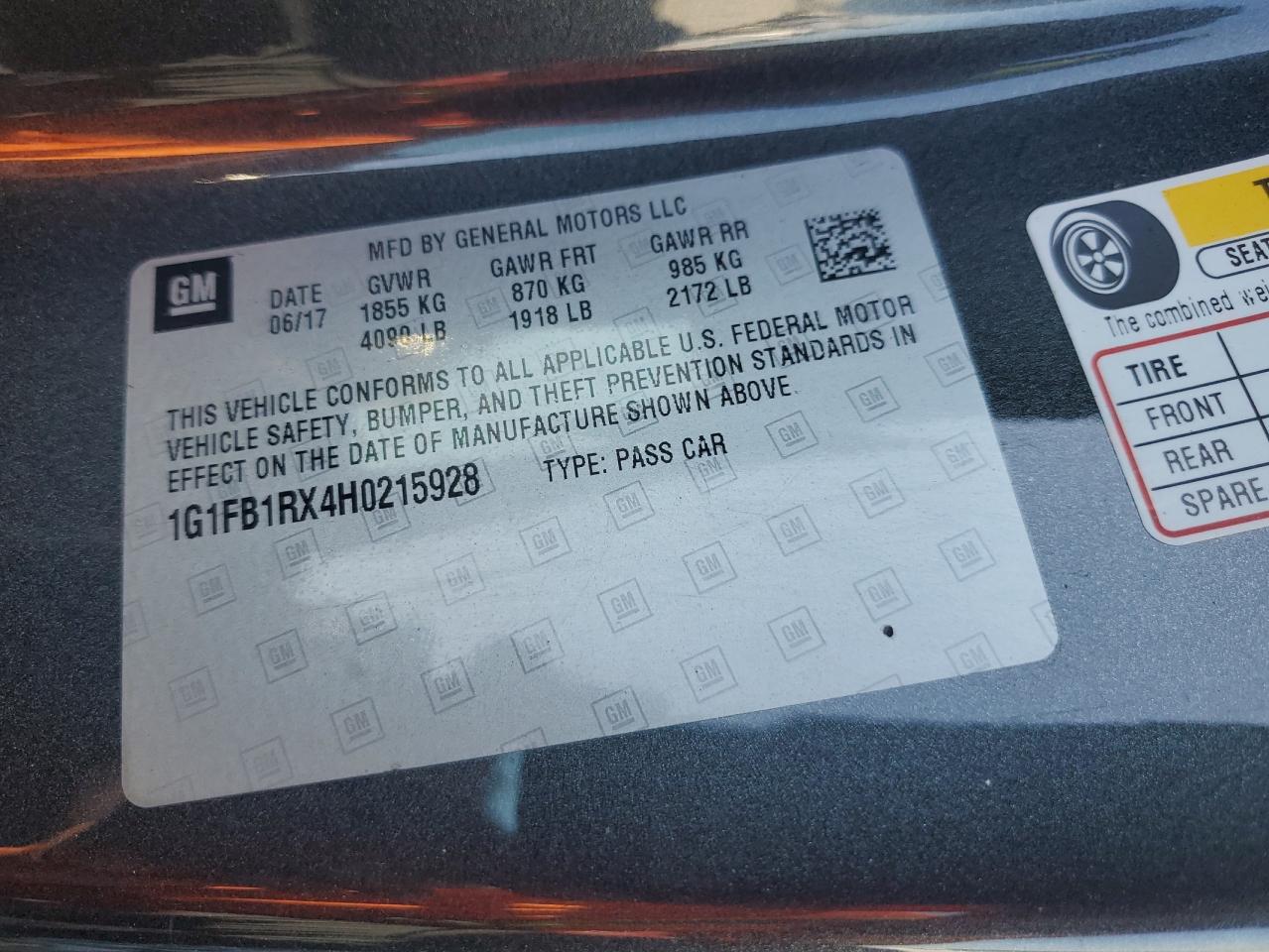 2017 Chevrolet Camaro Lt VIN: 1G1FB1RX4H0215928 Lot: 93382035