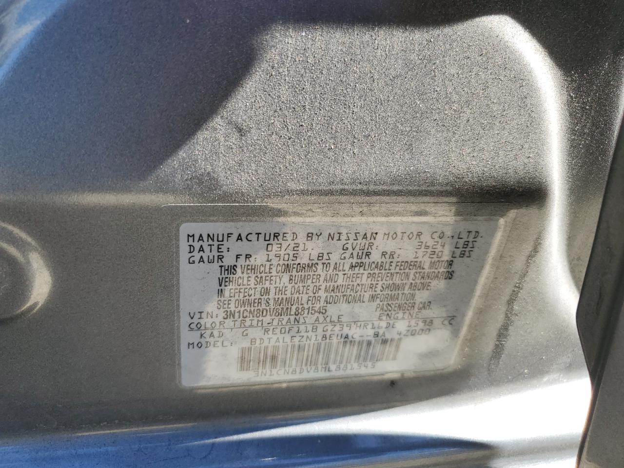 2021 Nissan Versa S VIN: 3N1CN8DV8ML881545 Lot: 91738075