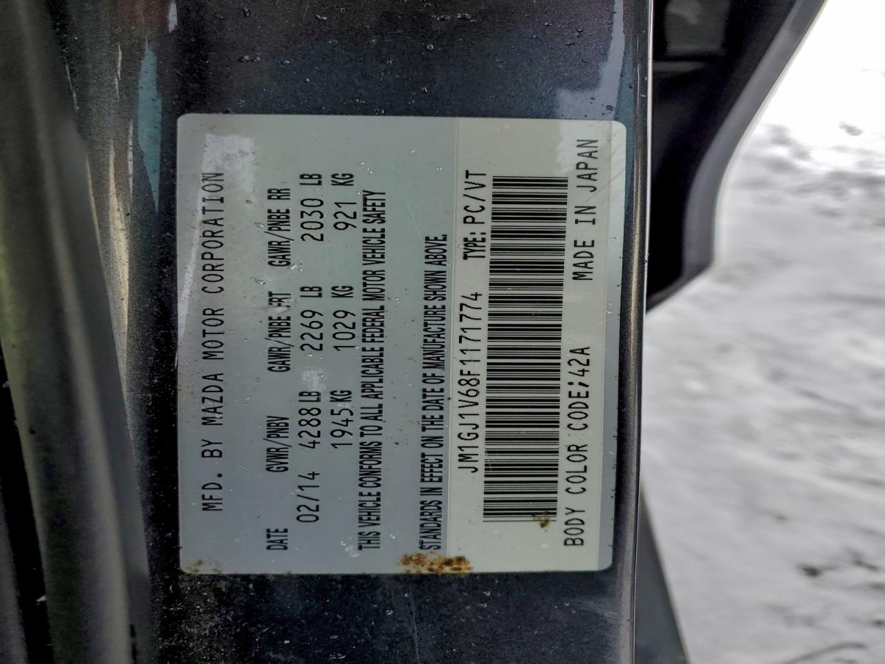 2015 Mazda 6 Touring VIN: JM1GJ1V68F1171774 Lot: 93458985