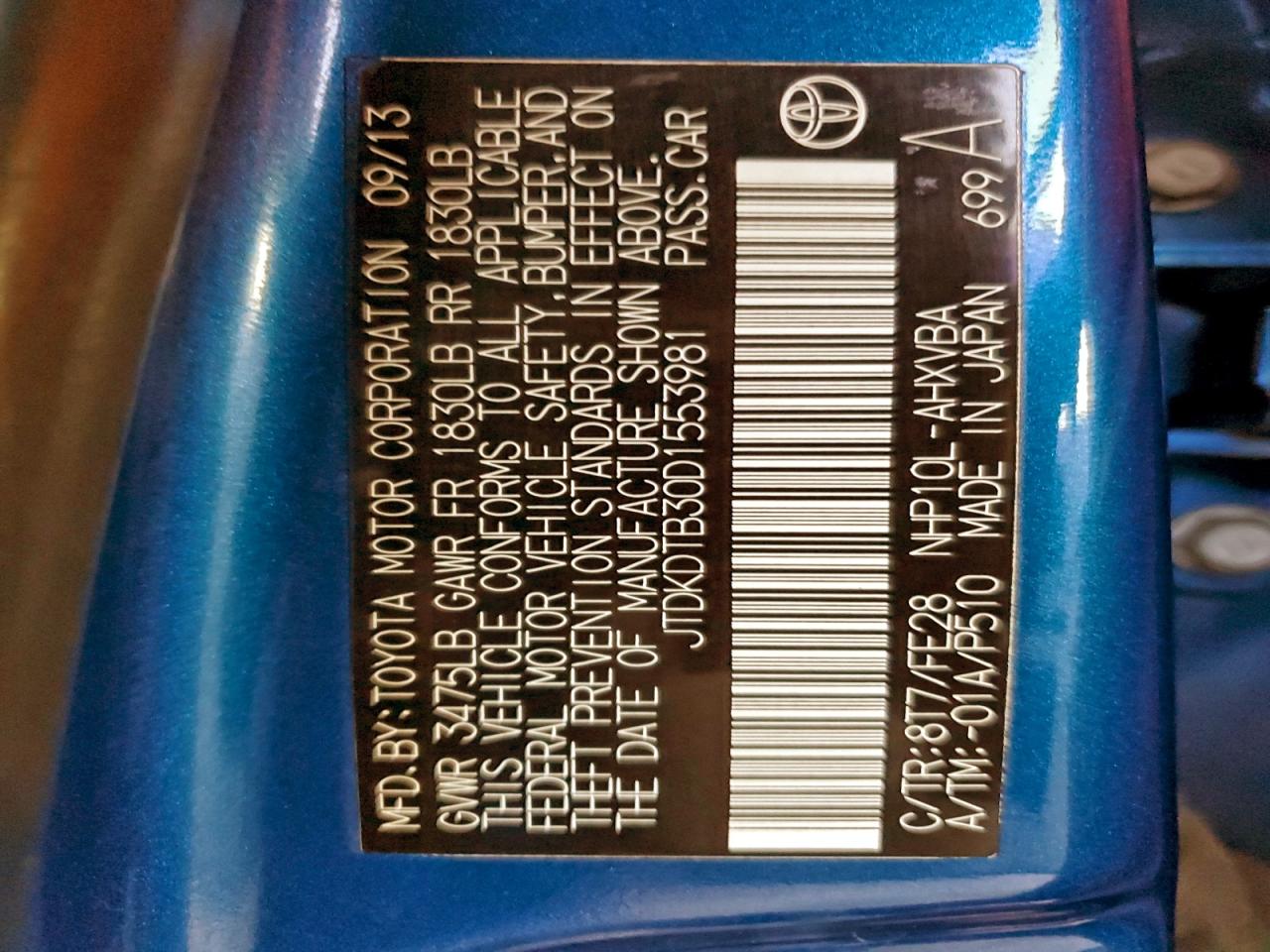 2013 Toyota Prius C VIN: JTDKDTB30D1553981 Lot: 90752715