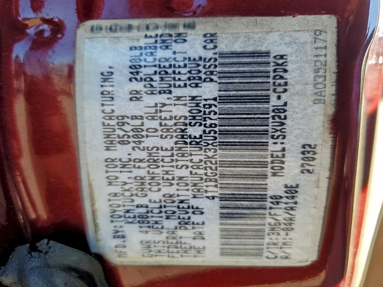 1999 Toyota Camry Ce VIN: 4T1BG22K3XU567591 Lot: 94154035