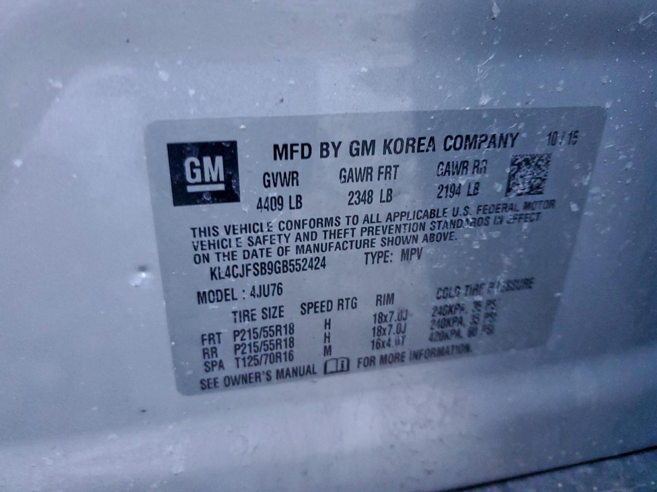 2016 Buick Encore Convenience VIN: KL4CJFSB9GB552424 Lot: 93612125