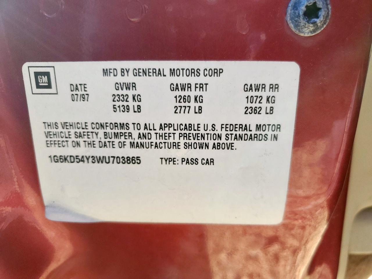 1998 Cadillac Deville VIN: 1G6KD54Y3WU703865 Lot: 92371065