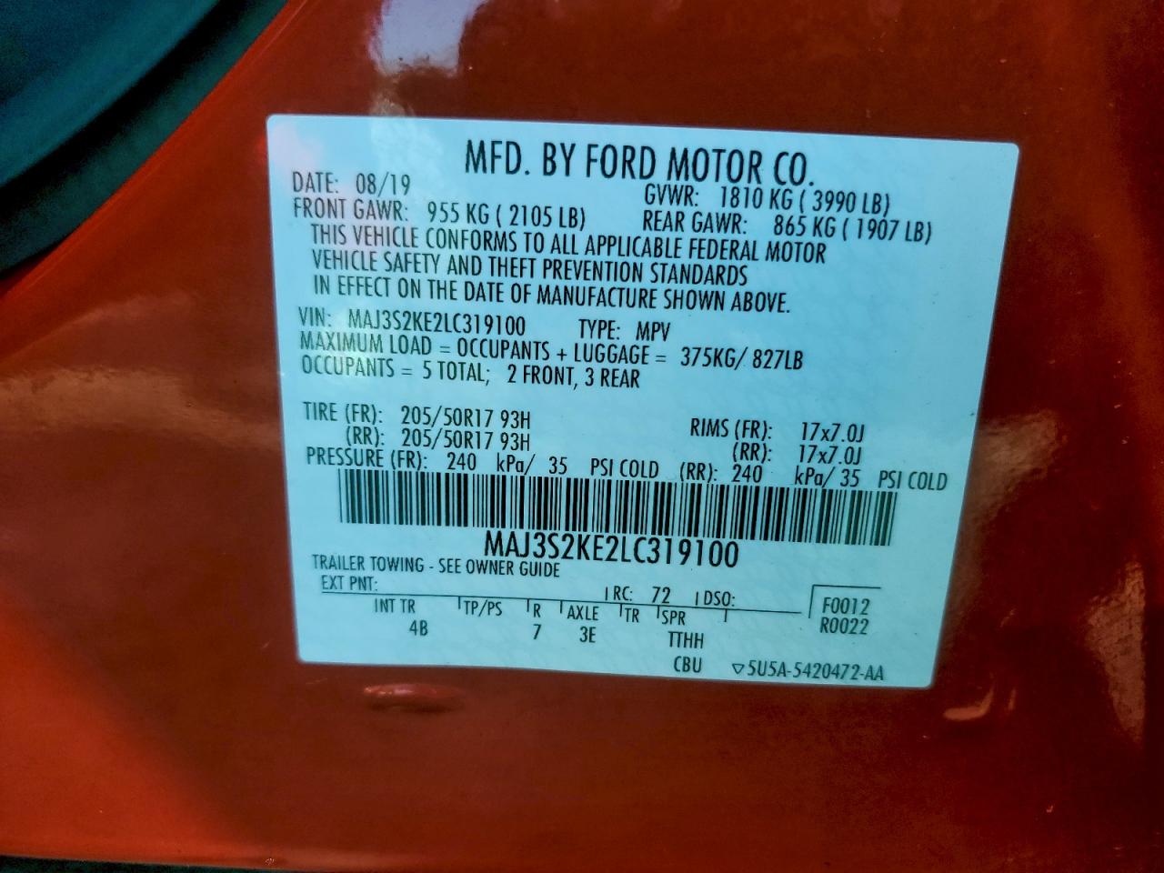 2020 Ford Ecosport Titanium VIN: MAJ3S2KE2LC319100 Lot: 94676055