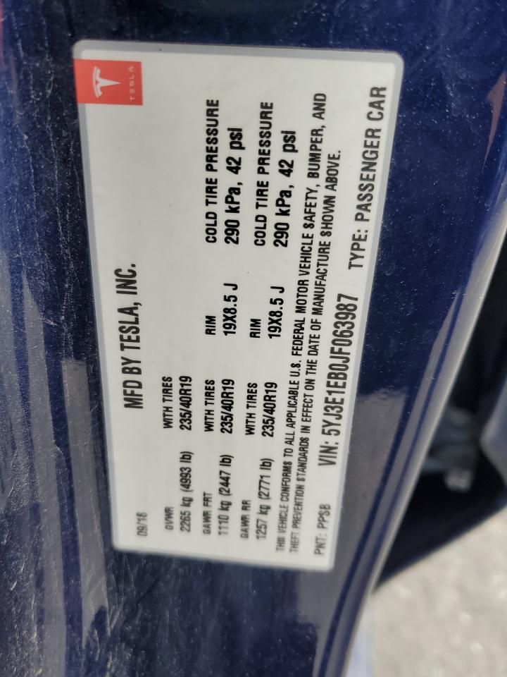 2018 Tesla Model 3 VIN: 5YJ3E1EB0JF063987 Lot: 92831625