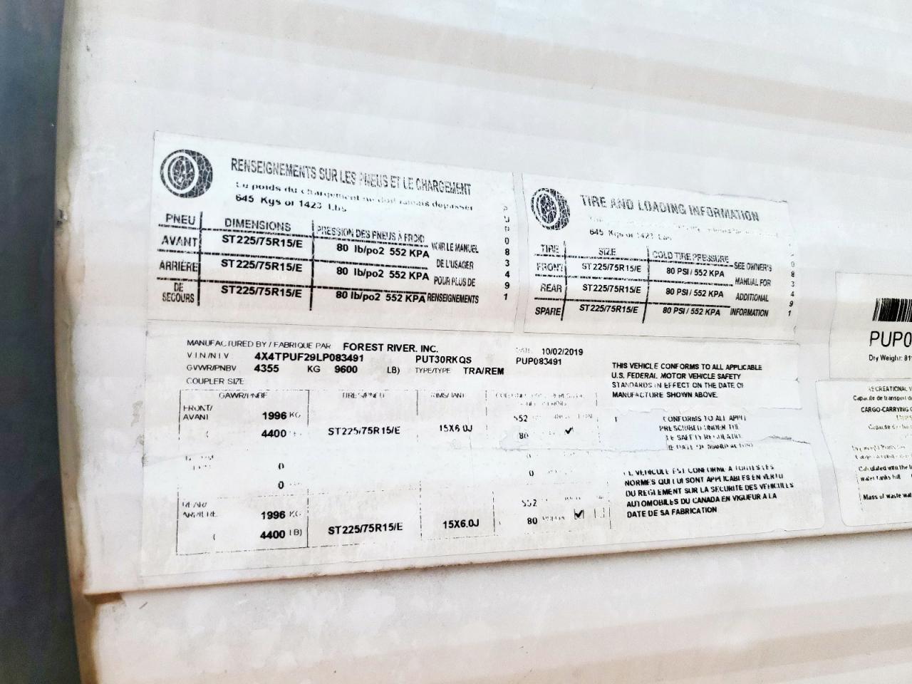 2020 Puma Trailer VIN: 4X4TPUF29LP083491 Lot: 92698325