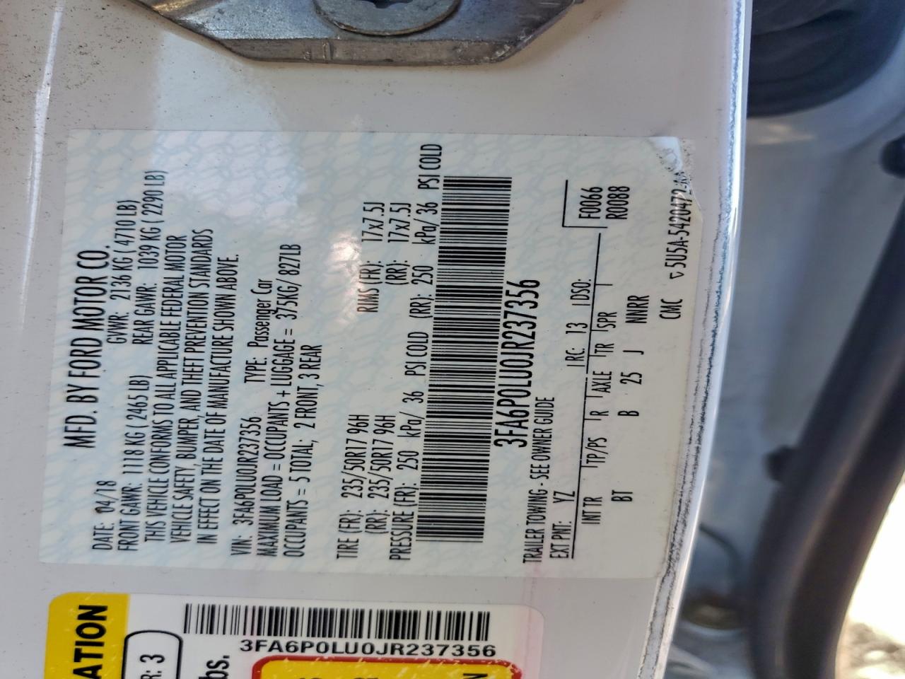 2018 Ford Fusion Se Hybrid VIN: 3FA6P0LU0JR237356 Lot: 93355795