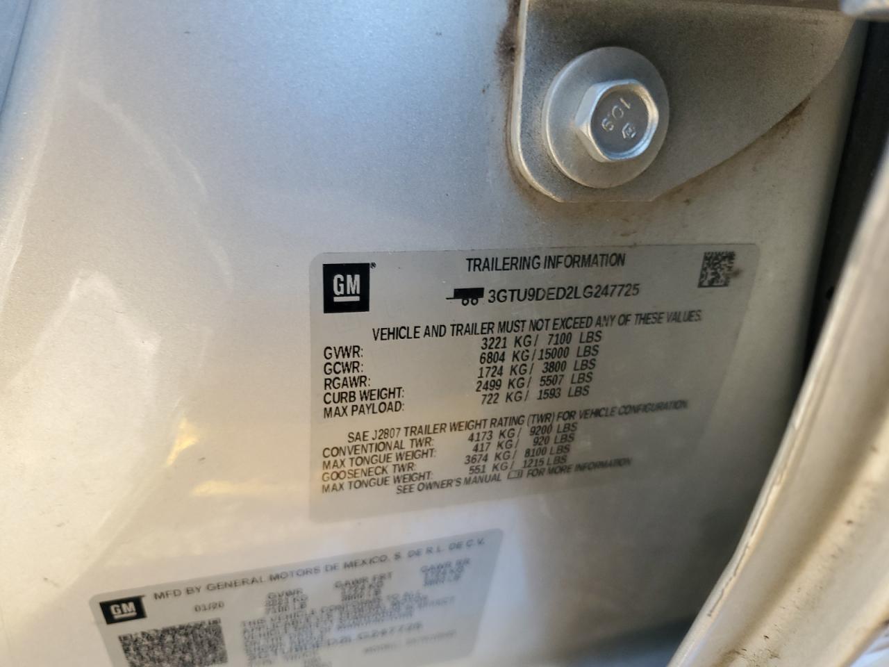 2020 GMC Sierra K1500 Slt VIN: 3GTU9DED2LG247725 Lot: 91214485