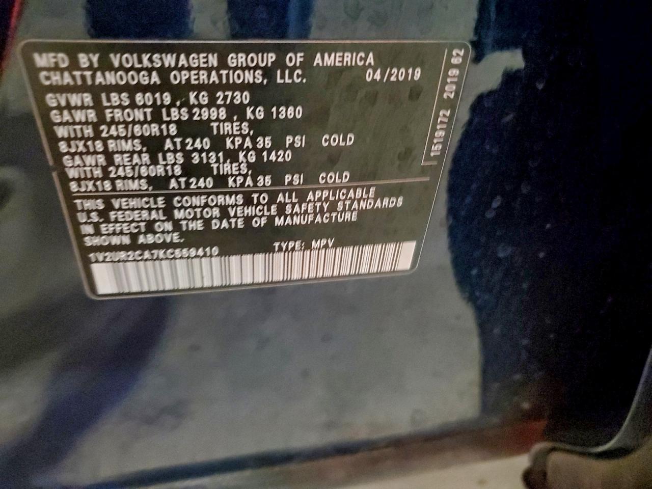 2019 Volkswagen Atlas Se VIN: 1V2UR2CA7KC559410 Lot: 93346875