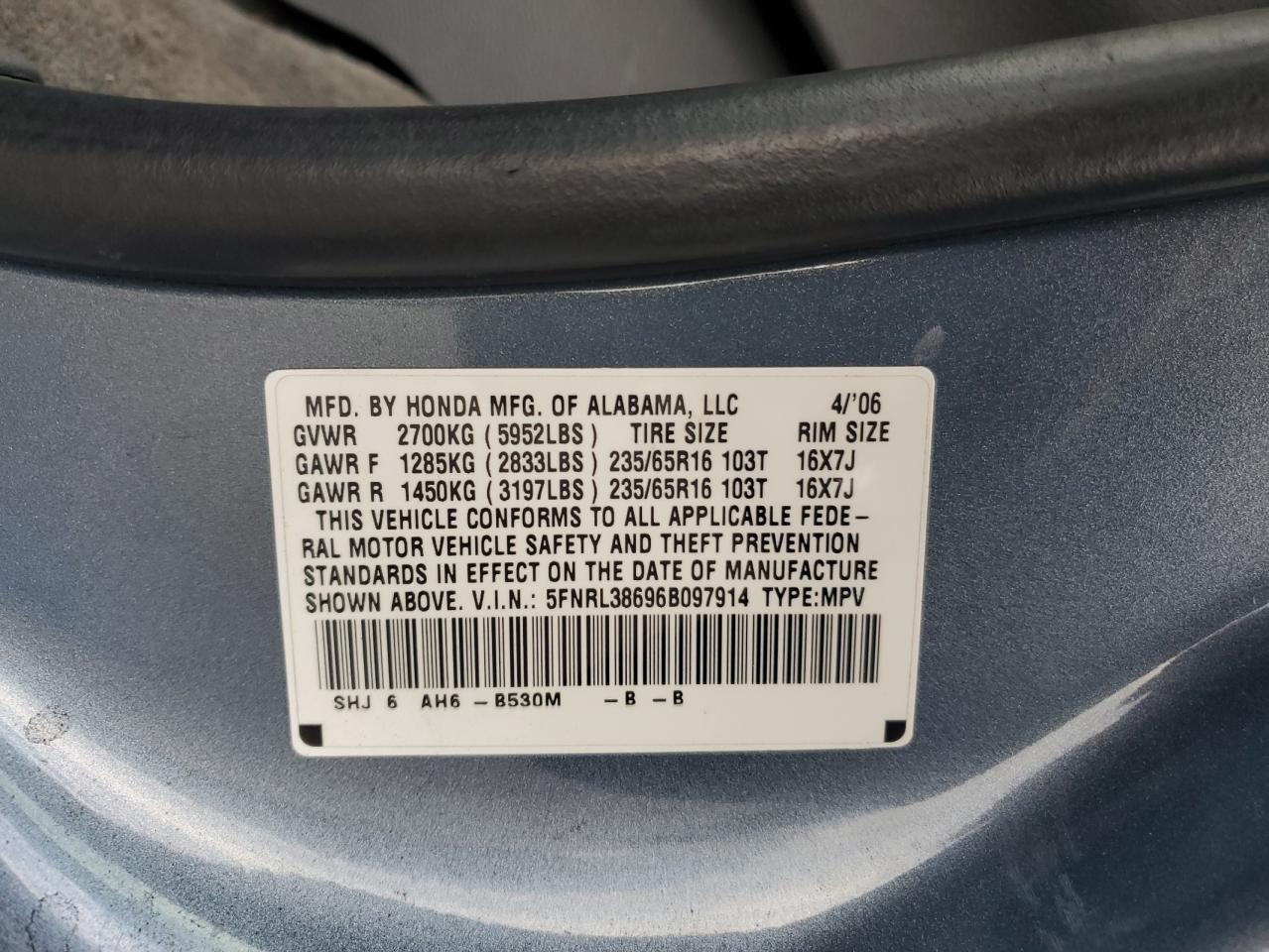 2006 Honda Odyssey Exl VIN: 5FNRL38696B097914 Lot: 92954845