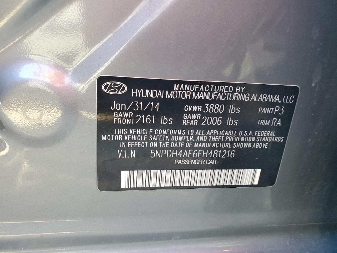 2014 Hyundai Elantra Se VIN: 5NPDH4AE6EH481216 Lot: 92921315