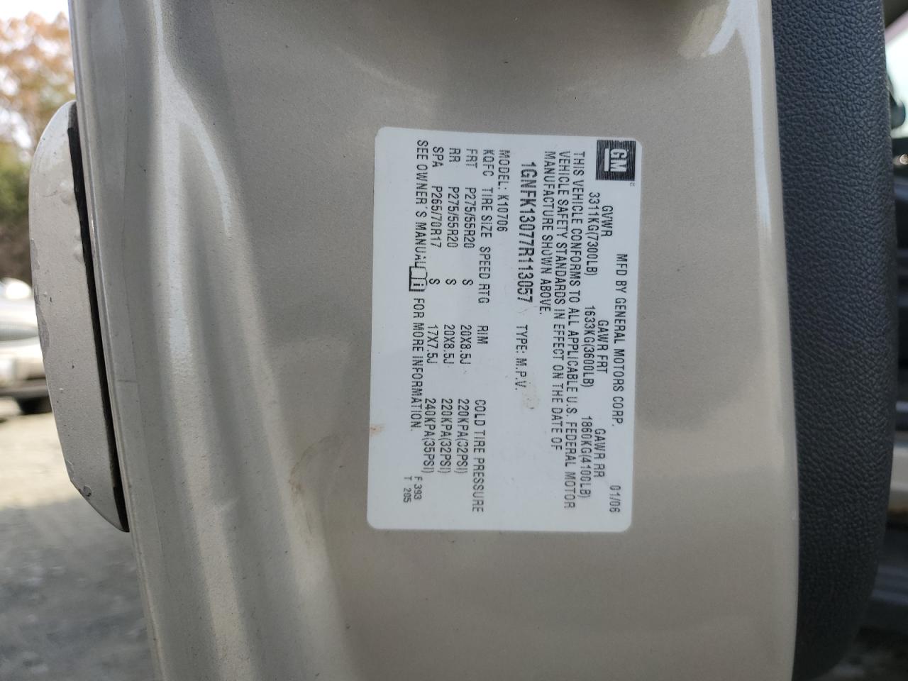 2007 Chevrolet Tahoe K1500 VIN: 1GNFK13077R113057 Lot: 91190295