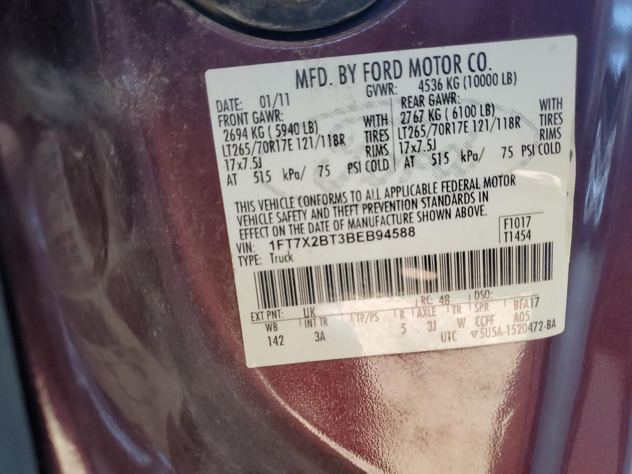 2011 Ford F250 Super Duty VIN: 1FT7X2BT3BEB94588 Lot: 90474495