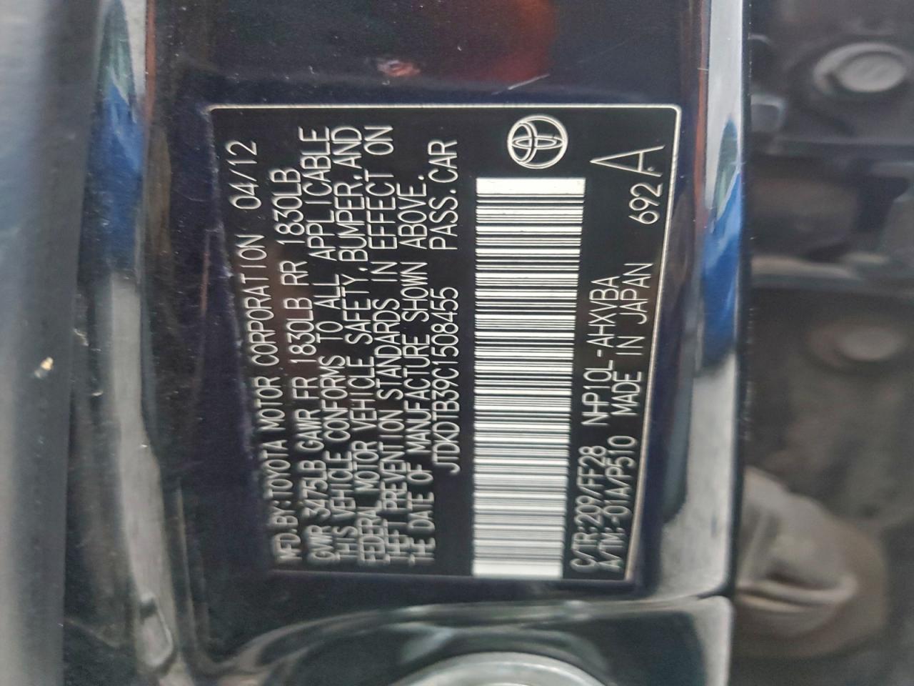 2012 Toyota Prius C VIN: JTDKDTB39C1508455 Lot: 93010505