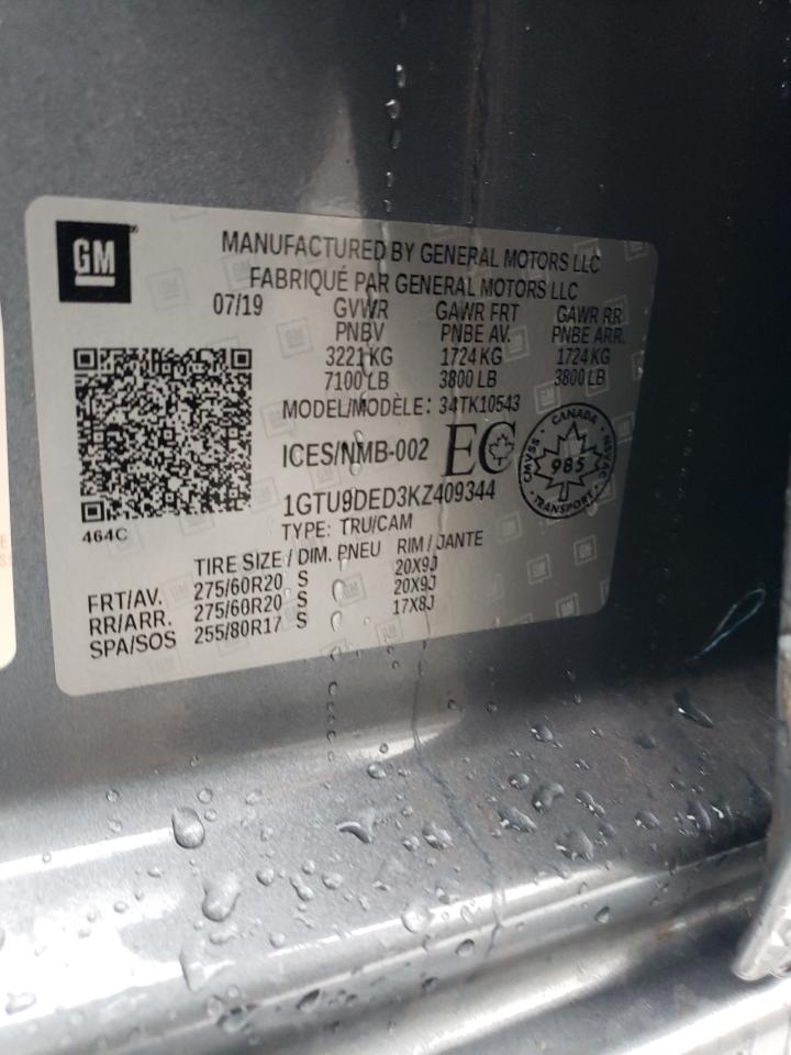 2019 GMC Sierra K1500 Slt VIN: 1GTU9DED3KZ409344 Lot: 92871815
