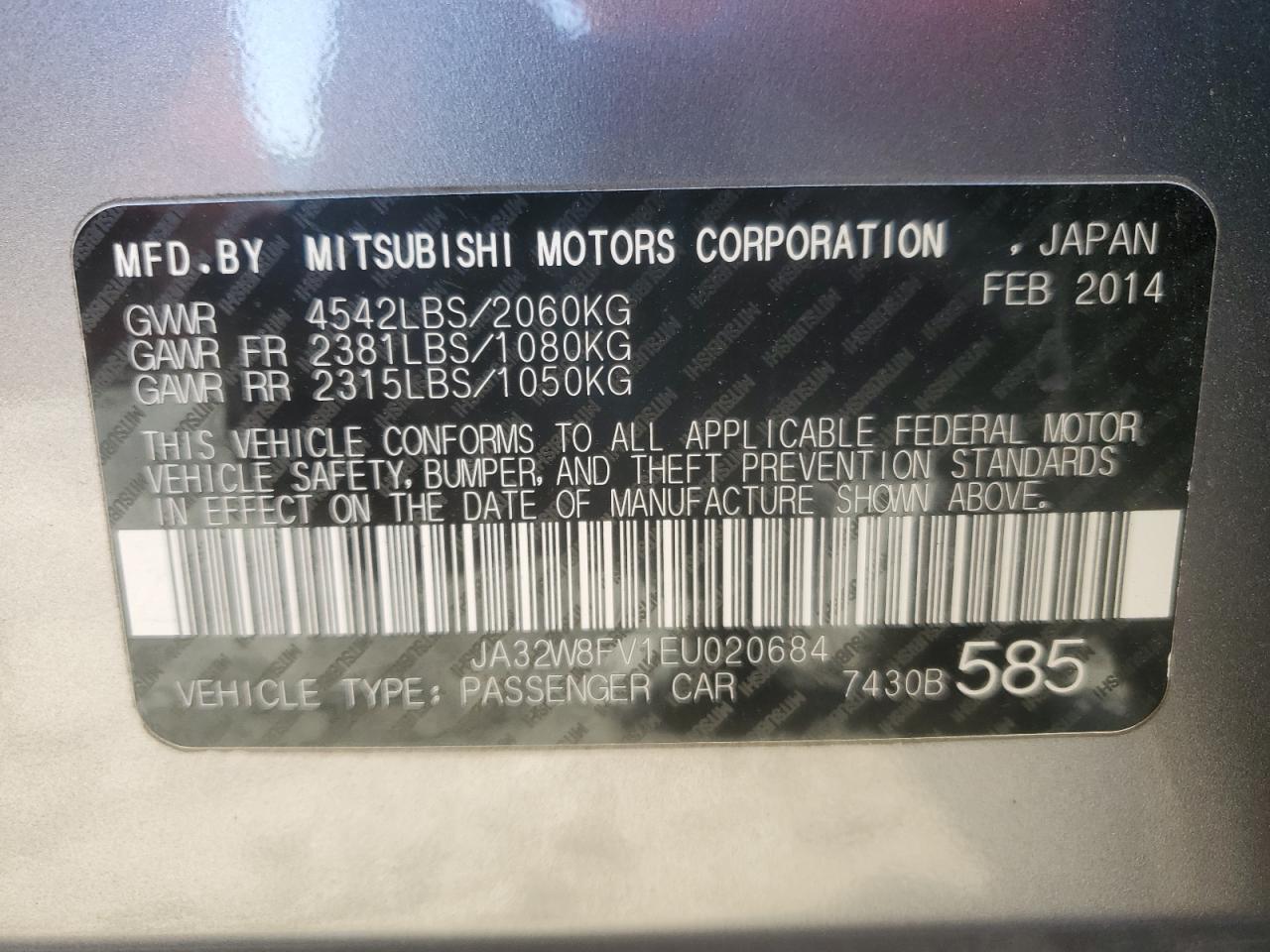 2014 Mitsubishi Lancer Evolution Gsr VIN: JA32W8FV1EU020684 Lot: 92197395