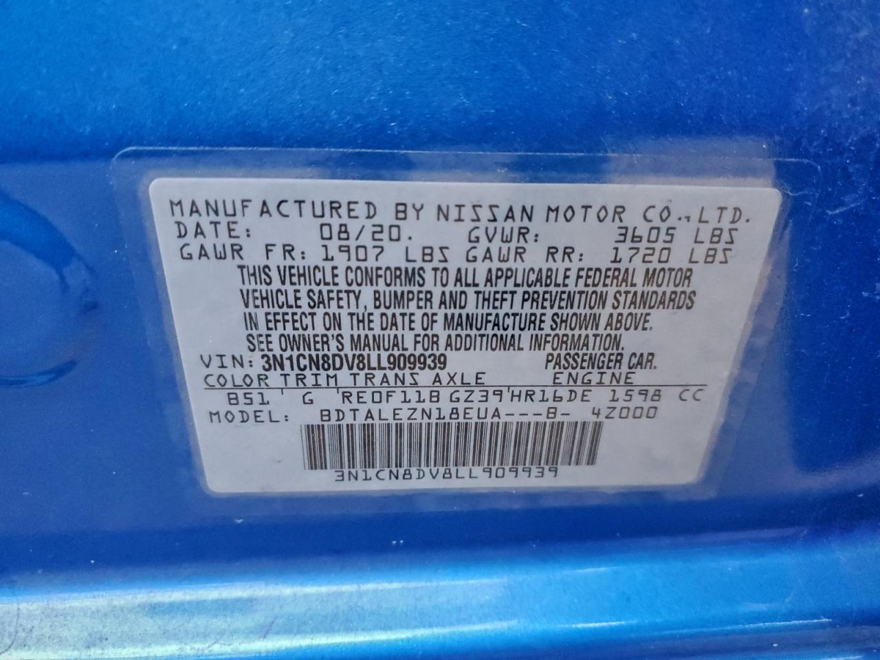 2020 Nissan Versa S VIN: 3N1CN8DV8LL909939 Lot: 93846015