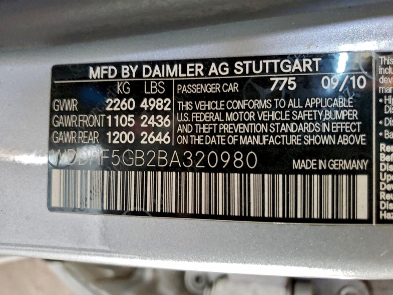 2011 Mercedes-Benz E 350 VIN: WDDHF5GB2BA320980 Lot: 94640175