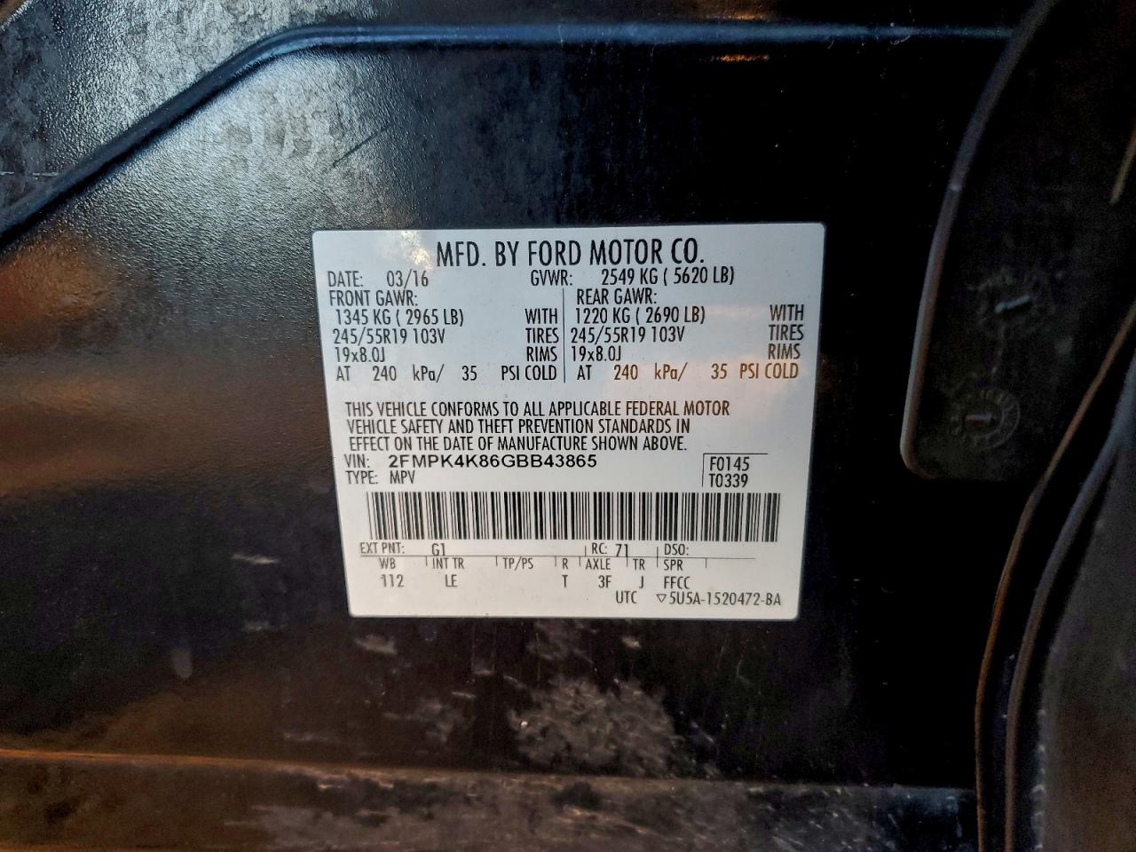 2016 Ford Edge Titanium VIN: 2FMPK4K86GBB43865 Lot: 94300275