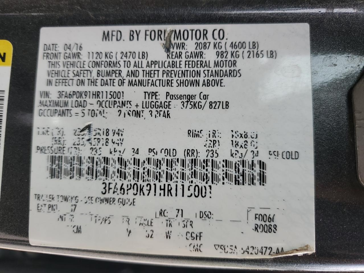 2017 Ford Fusion Titanium VIN: 3FA6P0K91HR115001 Lot: 92835055