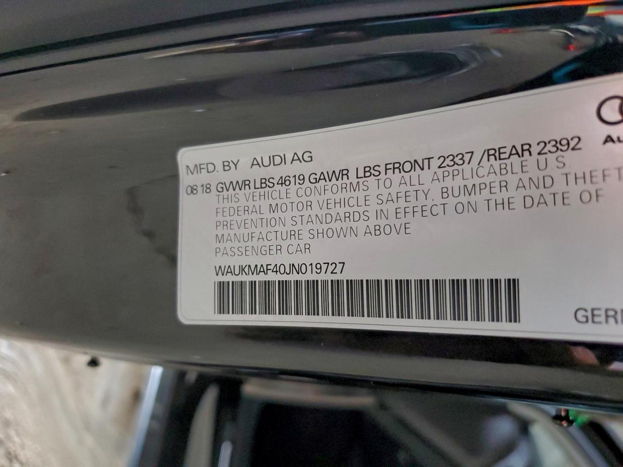 2018 Audi A4 Premium VIN: WAUKMAF40JN019727 Lot: 92753075