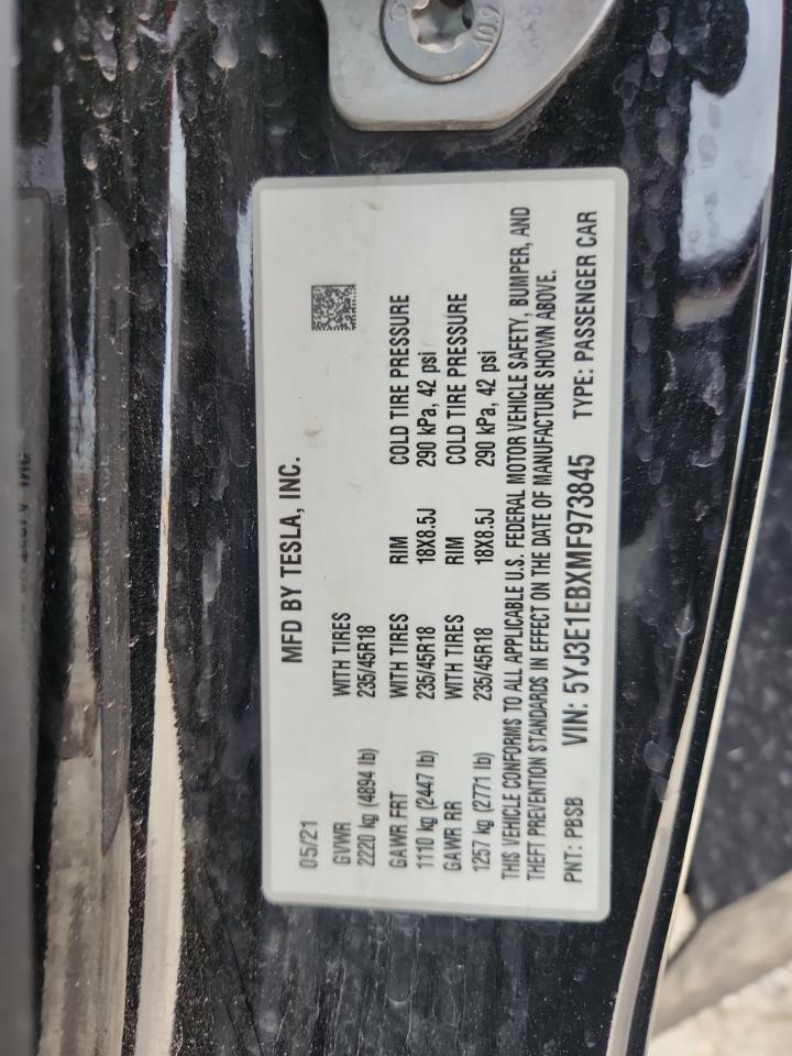 2021 Tesla Model 3 VIN: 5YJ3E1EBXMF973845 Lot: 92259515